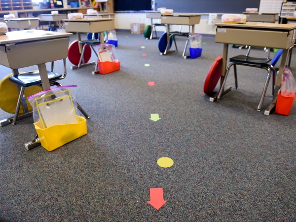 In a 1st grade classroom where the desks have been spread out for social distancing, and there are marks on the floor to indicate where the students should stand when lining up. At Shiloh Hills Elementary School, part of the Wilson School District in Spring Township, PA Friday afternoon August 21, 2020 where school teachers and administrators are preparing to open on August 26th for the school year after being closed since spring as a precaution against the COVID-19 / Coronavirus outbreak.