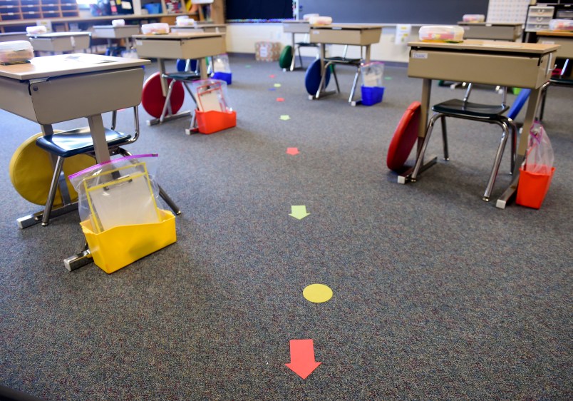 In a 1st grade classroom where the desks have been spread out for social distancing, and there are marks on the floor to indicate where the students should stand when lining up. At Shiloh Hills Elementary School, part of the Wilson School District in Spring Township, PA Friday afternoon August 21, 2020 where school teachers and administrators are preparing to open on August 26th for the school year after being closed since spring as a precaution against the COVID-19 / Coronavirus outbreak.