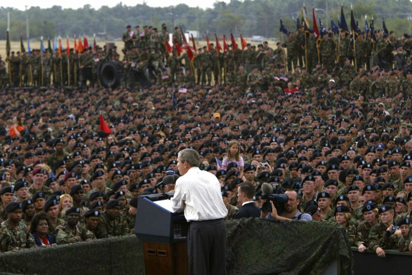 President Bush is introduced before speaking to soliders from the 10th Mountain Division at Fort Drum.   The Division was the main fighting force on the ground in Afghanistan in search of Taliban forces after September 11th.