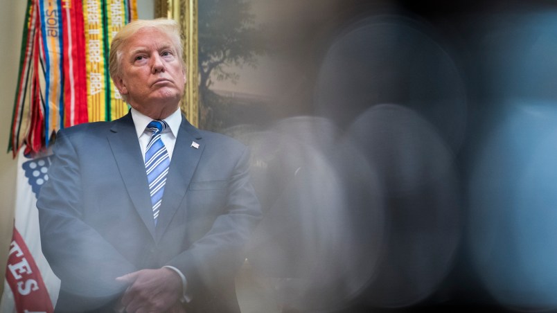 WASHINGTON, DC - AUGUST 3: President Donald Trump listens during a Veterans Affairs Department "telehealth" event in the Roosevelt Room of the White House in Washington, DC on Thursday, Aug 03, 2017. (Photo by Jabin Botsford/The Washington Post)