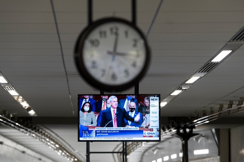 UNITED STATES - NOVEMBER 19: House Minority Leader Kevin McCarthy, R-Calif., is seen on a monitor in the Rayburn subway as he spoke at length on the House floor to delay the Build Back Better Act vote on Friday, November 19, 2021. (Photo By Tom Williams/CQ Roll Call)