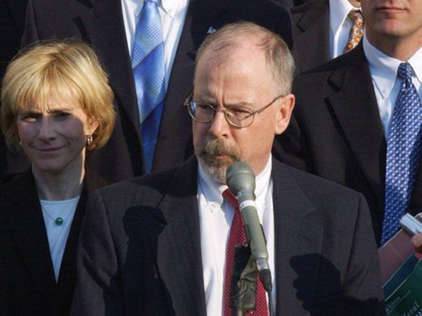 U.S. Attorney John Durham, center, outside federal court in New Haven, Conn., after the sentencing of former Gov. John Rowland. Durham will continue as special counsel in the investigation of the origins of the Trump-Russia inquiry, but is being asked to resign as U.S. attorney. (Bob MacDonnell/Hartford Courant/Tribune News Service via Getty Images)