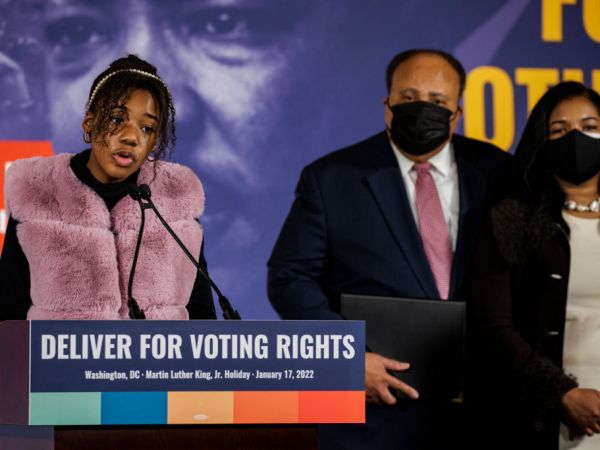 WASHINGTON, DC - JANUARY 17: Yolanda Renee King, granddaughter of civil rights leader Dr. Martin Luther King Jr., speaks alongside her parents, Martin Luther King III and Arndea Waters King, during a press conference with Speaker of the U.S. House of Representatives Nancy Pelosi at Union Station on Martin Luther King Jr. Day on January 17, 2022 in Washington, DC. Democrats are trying to pass John R. Lewis Voting Rights Act this week which will counter the various voting suppression laws passed in multiple Republican states in the wake of the 2020 elections. (Photo by Samuel Corum/Getty Images) *** Local Caption *** Yolanda Renee King; Arndrea Waters King; Martin Luther King III