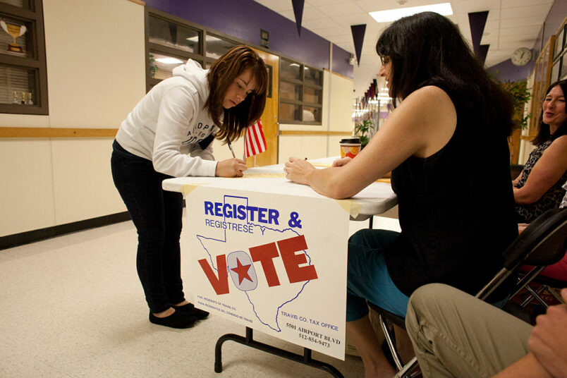 A voter registration drive for new 18-year-old voters and staff at Lyndon Baines Johnson (LBJ) High School in Austin, TX is conducted by non-partisan parent volunteers. About two dozen were registered in two hours with the effort.