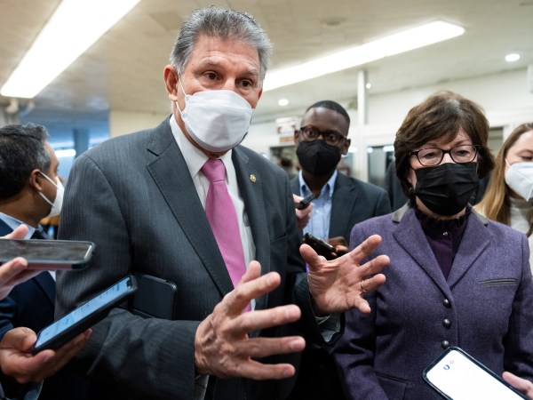 UNITED STATES - JANUARY 20: Sens. Joe Manchin, D-W.Va., and Susan Collins, R-Maine, talk with reporters about voting rights in the U.S. Capitol on Thursday, January 20, 2022. (Photo By Tom Williams/CQ Roll Call)