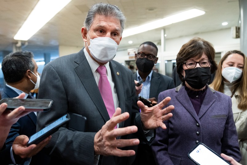 UNITED STATES - JANUARY 20: Sens. Joe Manchin, D-W.Va., and Susan Collins, R-Maine, talk with reporters about voting rights in the U.S. Capitol on Thursday, January 20, 2022. (Photo By Tom Williams/CQ Roll Call)