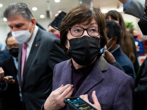 UNITED STATES - JANUARY 20: Sens. Susan Collins, R-Maine, and Joe Manchin, D-W.Va., talk with reporters about voting rights in the U.S. Capitol on Thursday, January 20, 2022. (Photo By Tom Williams/CQ Roll Call)