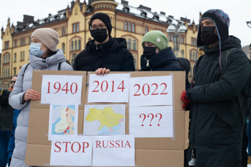 Finnish people and Ukrainians living in Finland protest against the Russian invasion in Ukraine and in solidarity with the Ukrainian people, in the centre of Tampere, Finland on Thursday, February 24th, 2022. (Photo by Tiago Mazza Chiaravalloti/NurPhoto)
