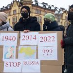 Finnish people and Ukrainians living in Finland protest against the Russian invasion in Ukraine and in solidarity with the Ukrainian people, in the centre of Tampere, Finland on Thursday, February 24th, 2022. (Photo by Tiago Mazza Chiaravalloti/NurPhoto)