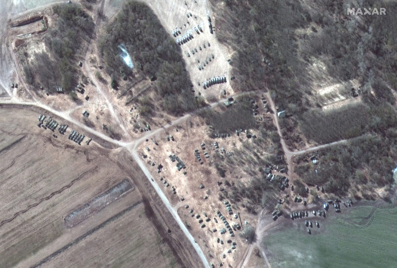 RUSSIANS INVADE UKRAINE -- MARCH 18, 2022:  15 Maxar satellite imagery closer view of troops and equipment in Dublin, Belarus.  18march2022_ge1.  Please use: Satellite image (c) 2022 Maxar Technologies.
