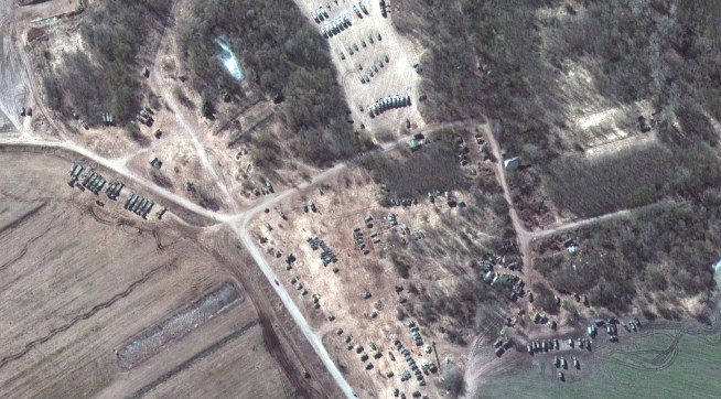 RUSSIANS INVADE UKRAINE -- MARCH 18, 2022:  15 Maxar satellite imagery closer view of troops and equipment in Dublin, Belarus.  18march2022_ge1.  Please use: Satellite image (c) 2022 Maxar Technologies.